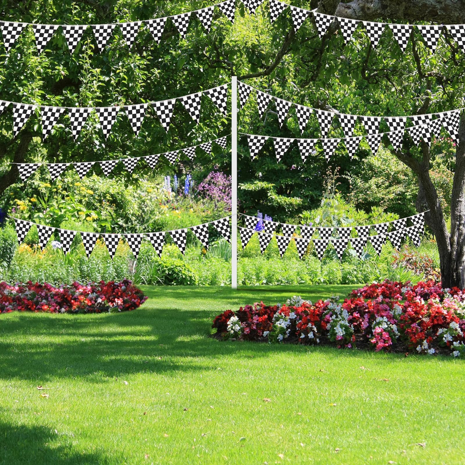 AhfuLife checkered pennant banner on a garden fence