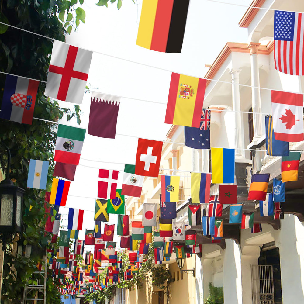 AhfuLife flags banner in a garden setting