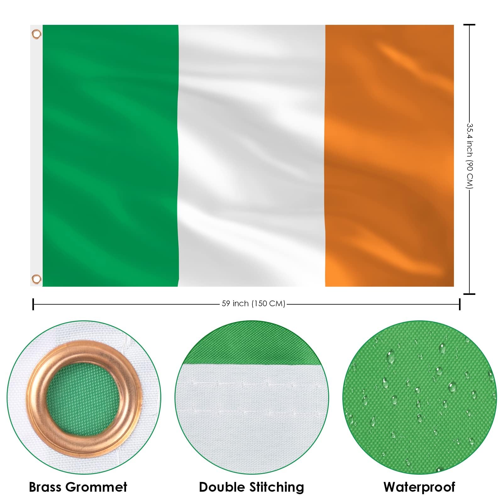 AhfuLife Irish Flag 3x5 ft showing brass grommets