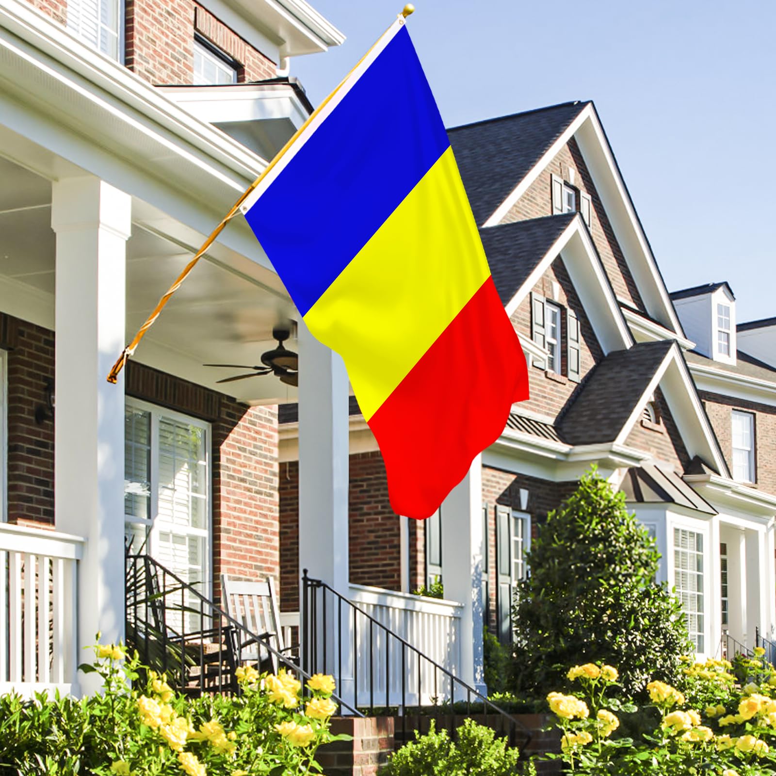 AhfuLife Romania Flag hanging on a balcony