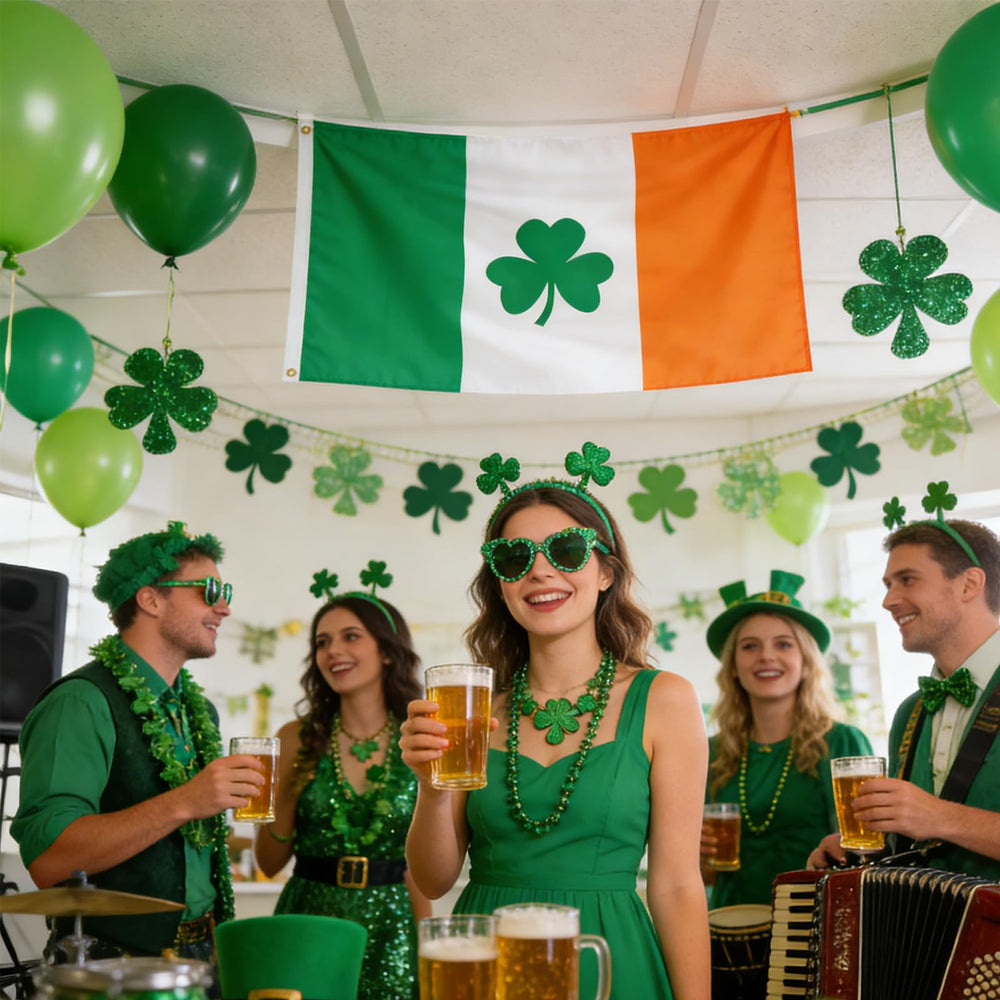 AhfuLife Shamrock Flag Banner hanging on a balcony