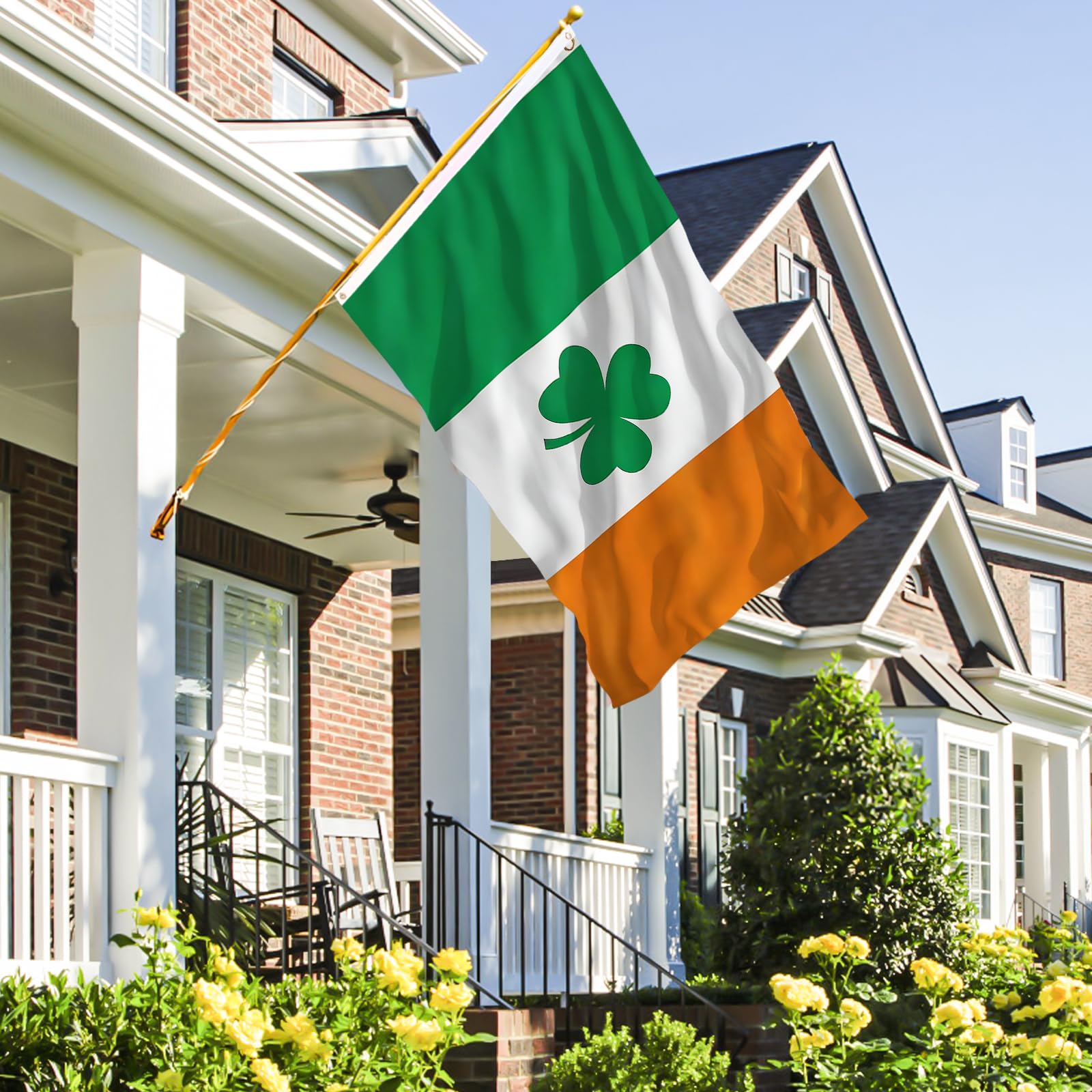AhfuLife Shamrock Flag displayed in a garden setting