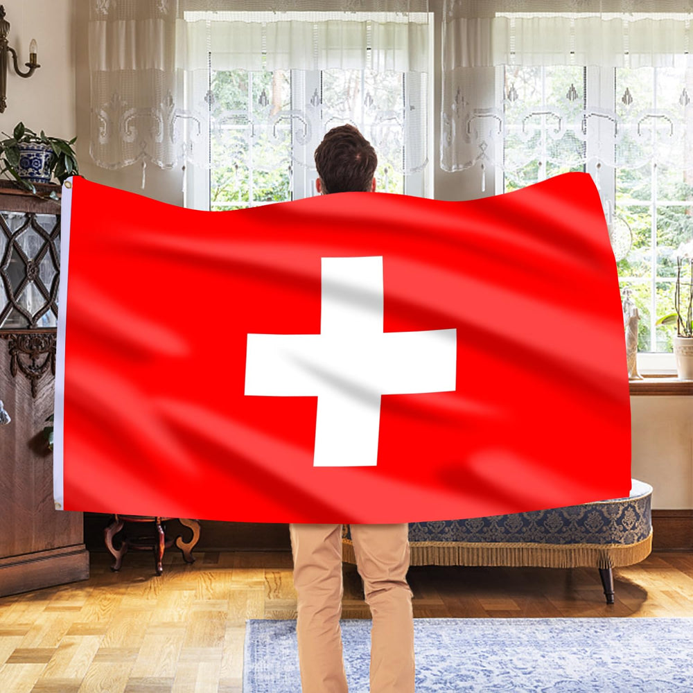 AhfuLife Switzerland Flag hanging on a balcony