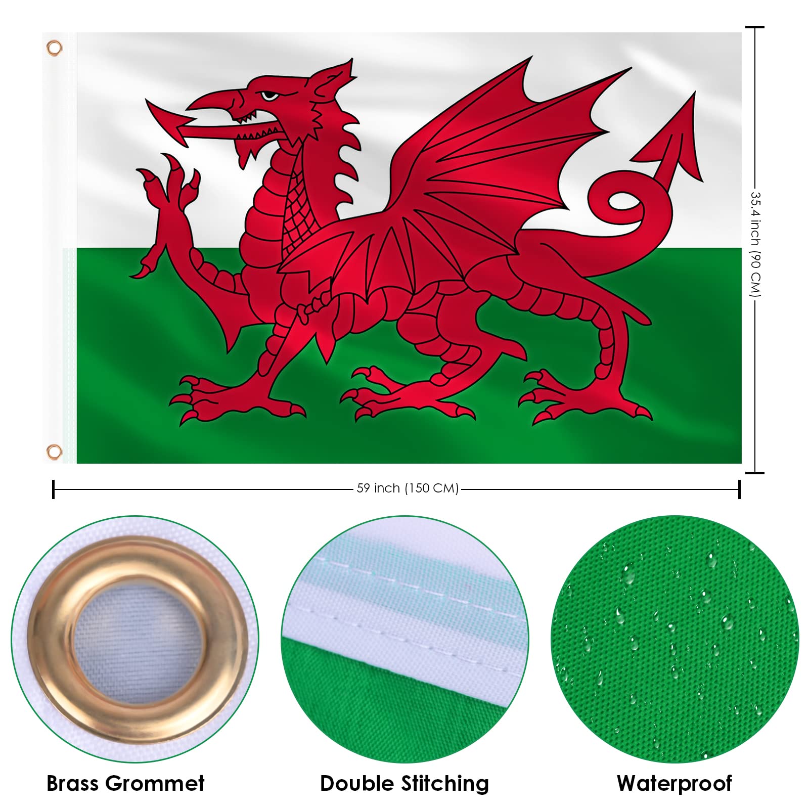 AhfuLife Wales Flag 3x5 ft showing brass grommets and stitching