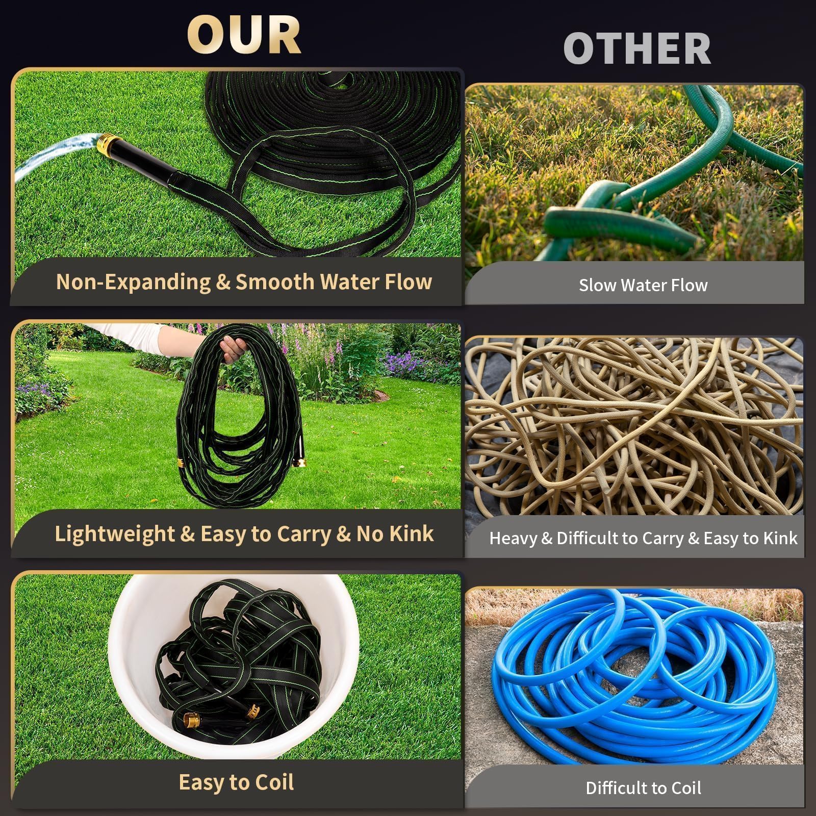 Ahititi garden hose laid out straight, highlighting no kink feature