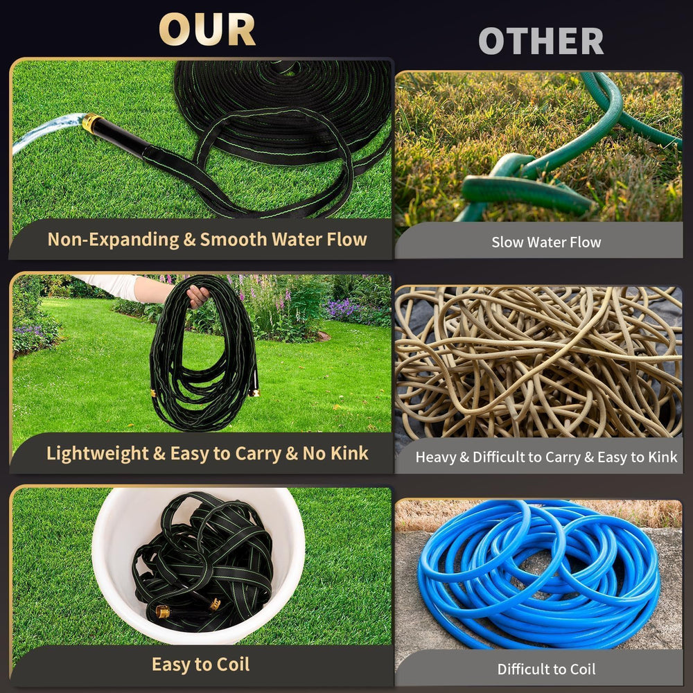 Ahititi garden hose laid out straight, highlighting no kink feature