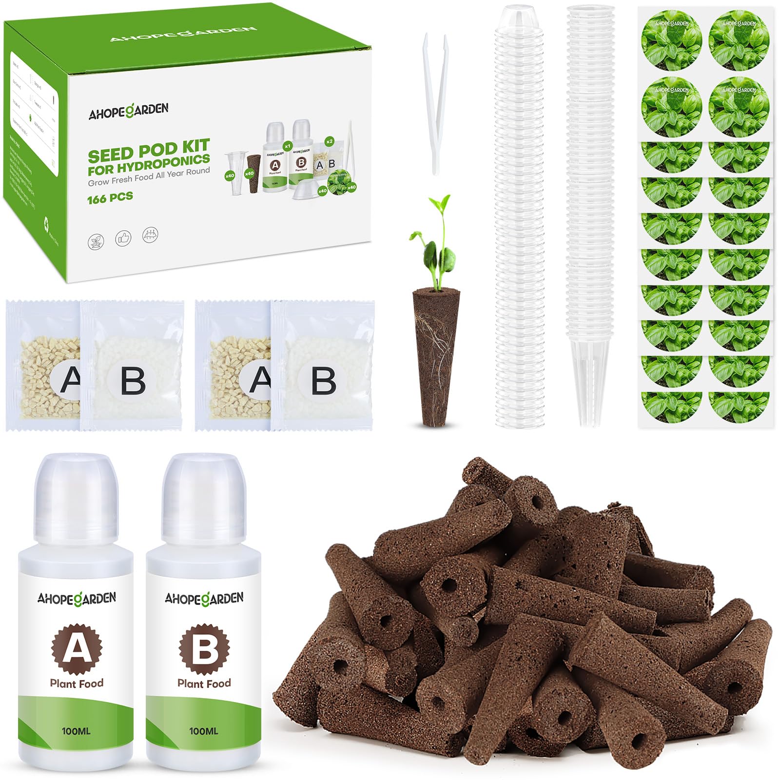 Ahopegarden Hydroponic Pods Kit 166PCS with all components laid out
