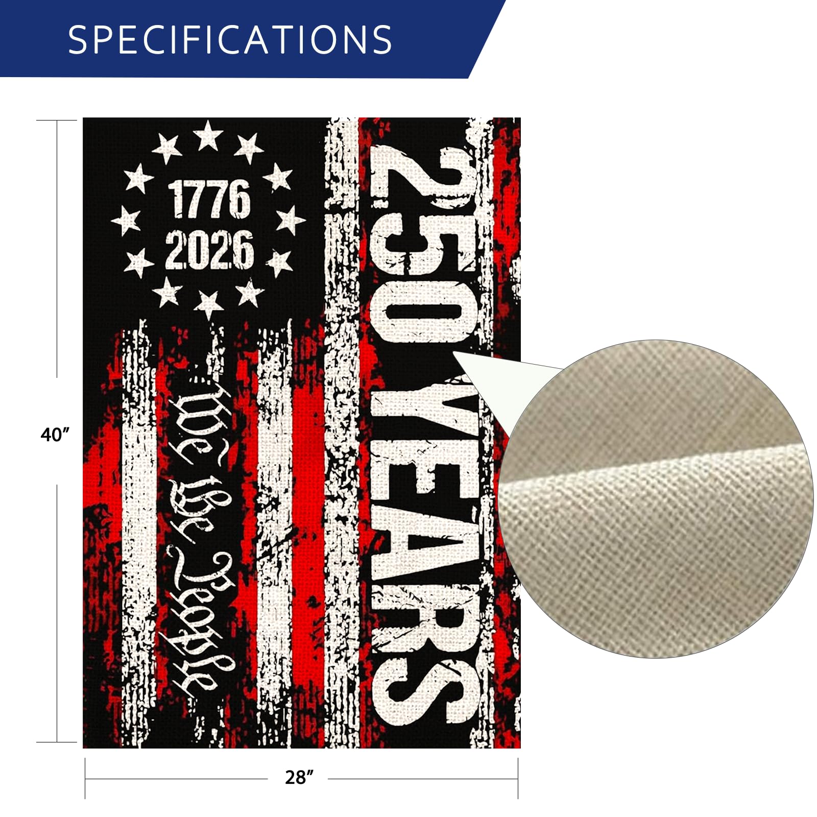 AIBOLYNE 250 Years Garden Flag side view showing durable burlap material