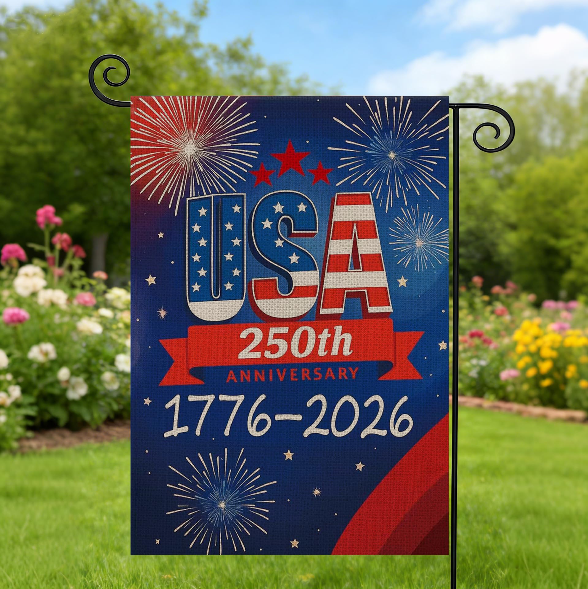 AIBOLYNE 250th Anniversary Garden Flag in a patriotic yard display