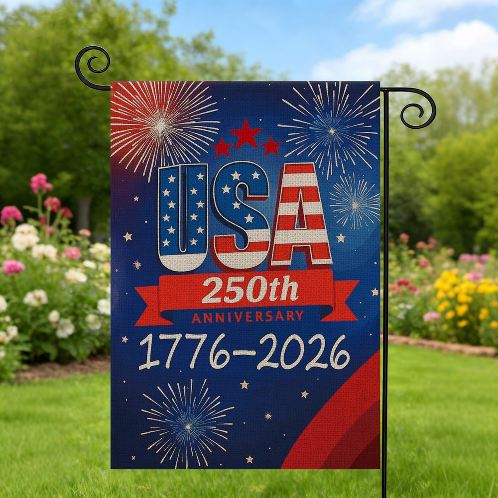 AIBOLYNE 250th Anniversary Garden Flag in a patriotic yard display