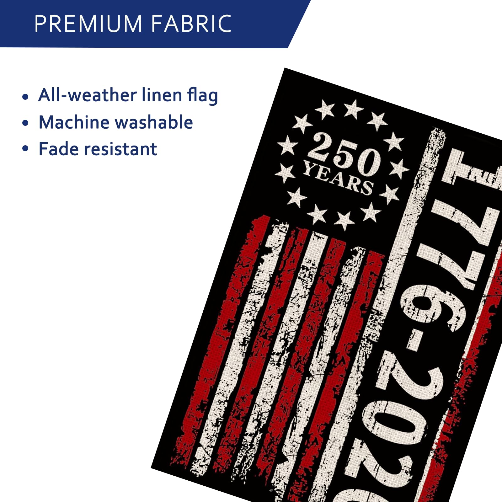 AIBOLYNE 250th Anniversary Garden Flag on a flag holder in a yard