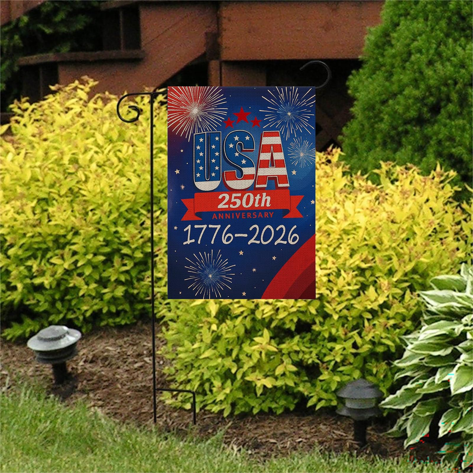 AIBOLYNE 250th Anniversary Garden Flag on a sunny day