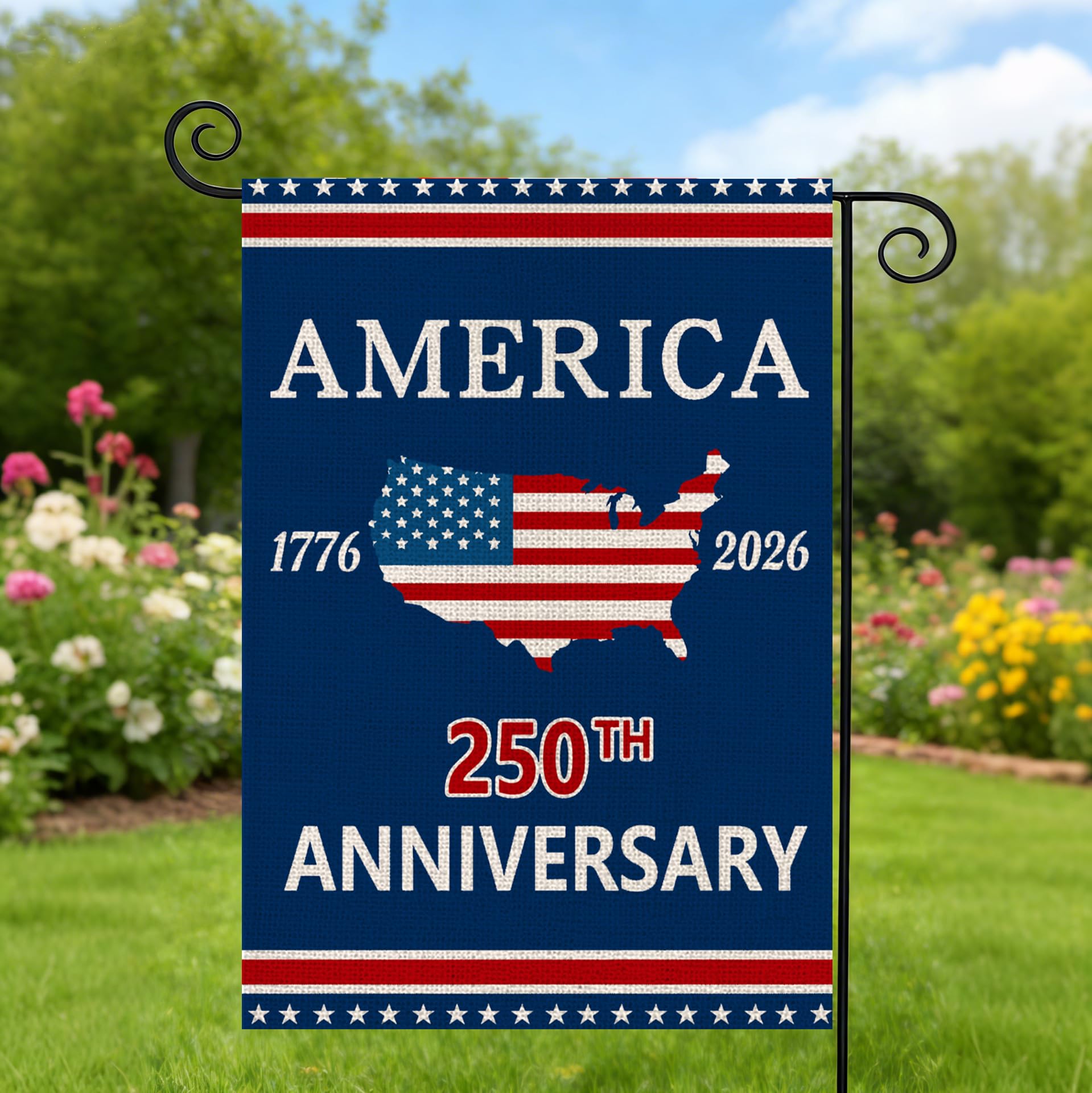 AIBOLYNE 250th Anniversary USA Garden Flag in outdoor setting