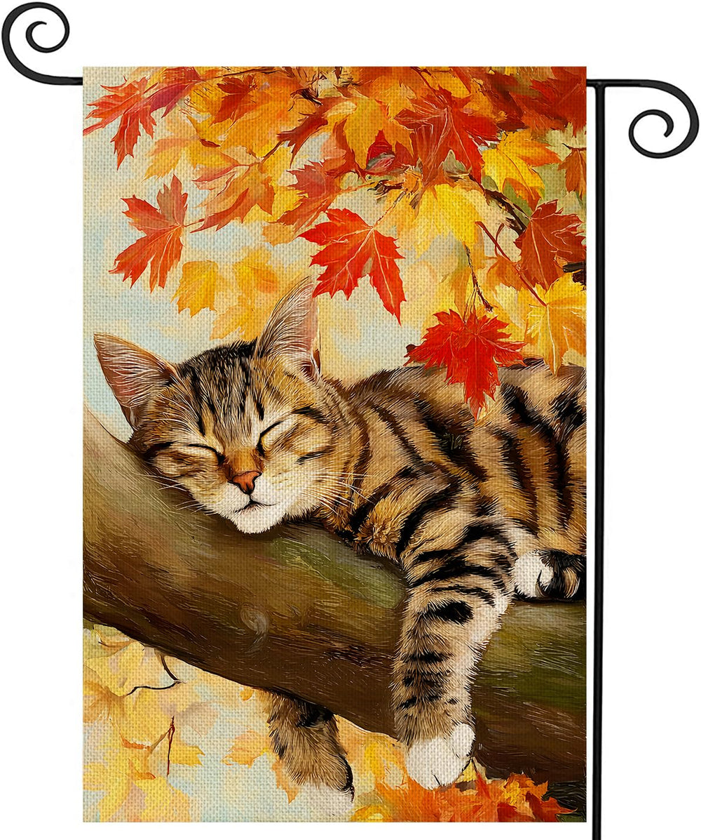 AIBOLYNE Fall Garden Flag 12x18 inch featuring colourful maple leaves and a cat