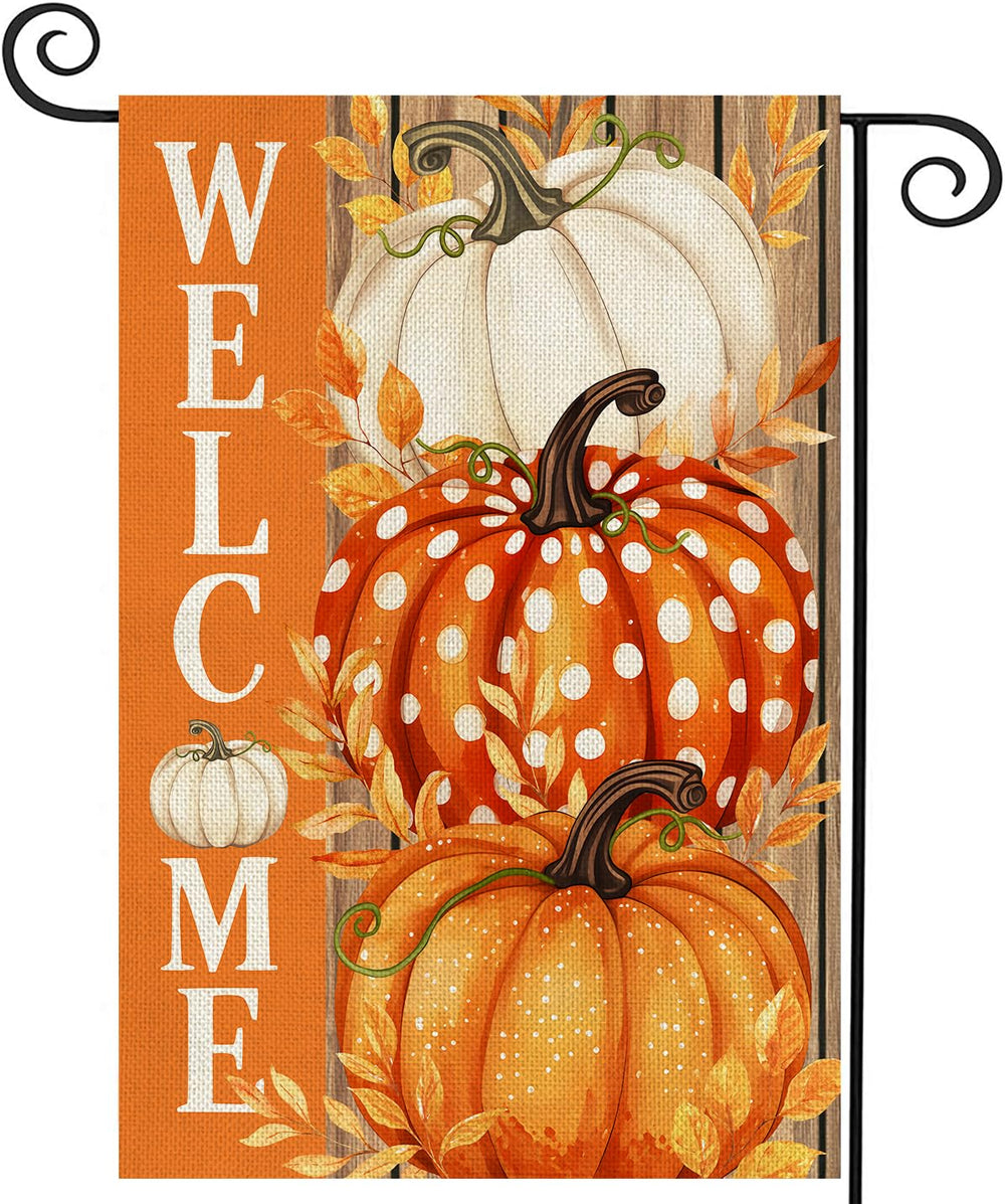 AIBOLYNE Fall Garden Flag front view with pumpkins and welcome message