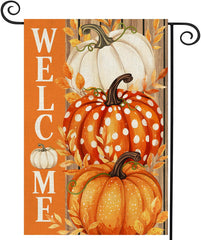 AIBOLYNE Fall Garden Flag front view with pumpkins and welcome message