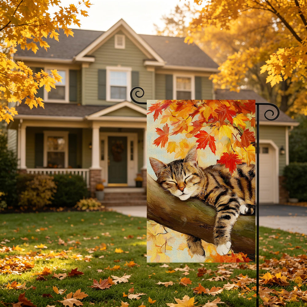 AIBOLYNE Fall Garden Flag near a porch with autumn decorations