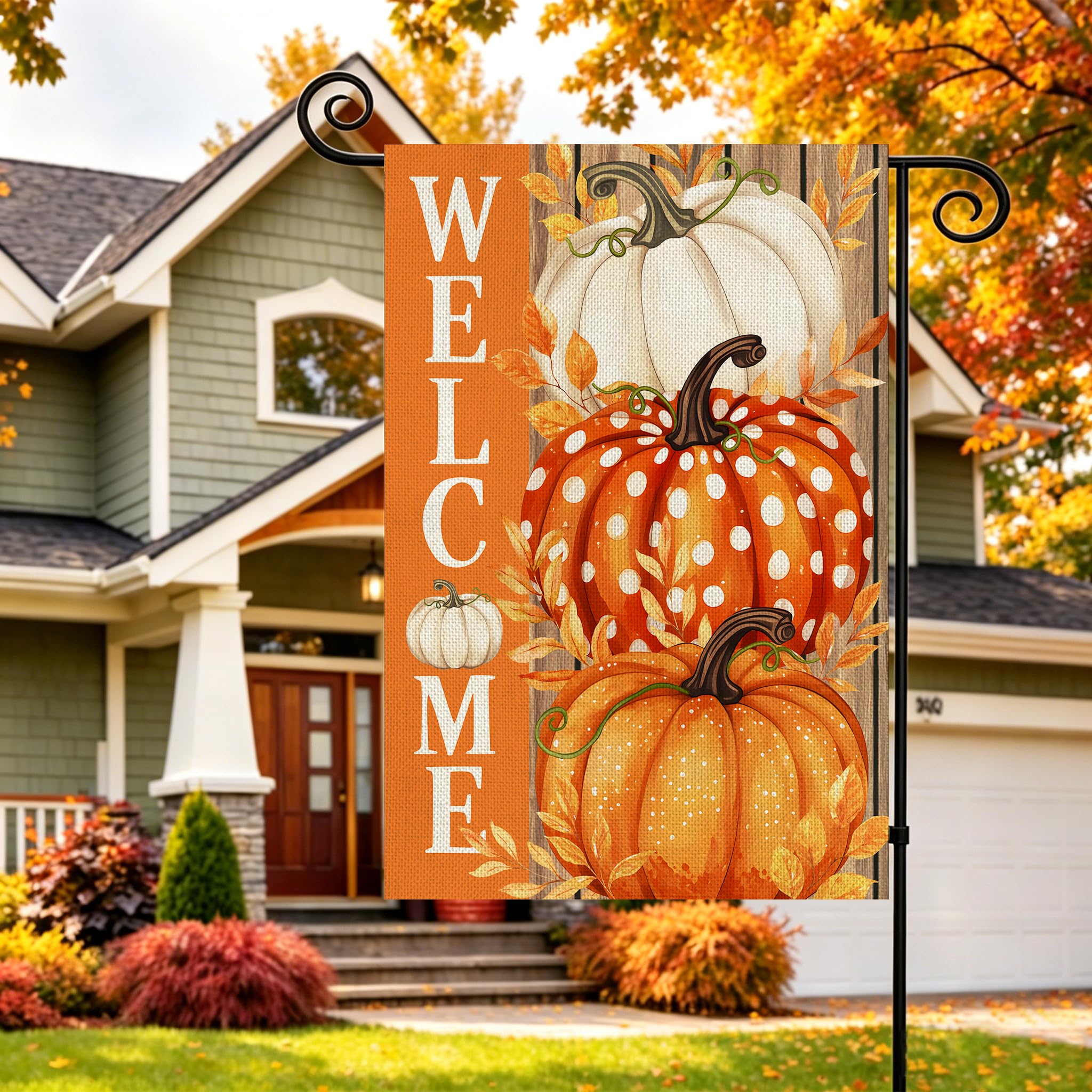 AIBOLYNE Fall Garden Flag side view in autumn garden setting