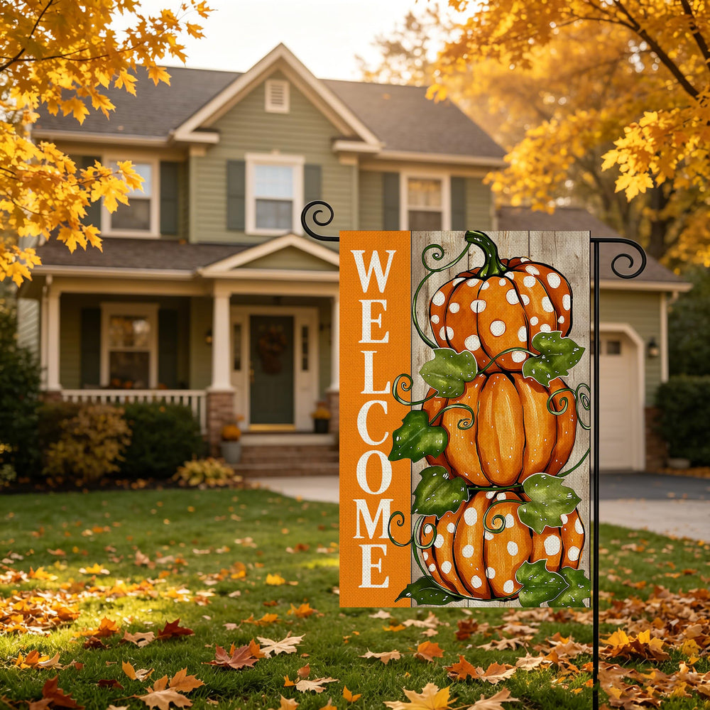 AIBOLYNE Fall Garden Flag surrounded by autumn leaves