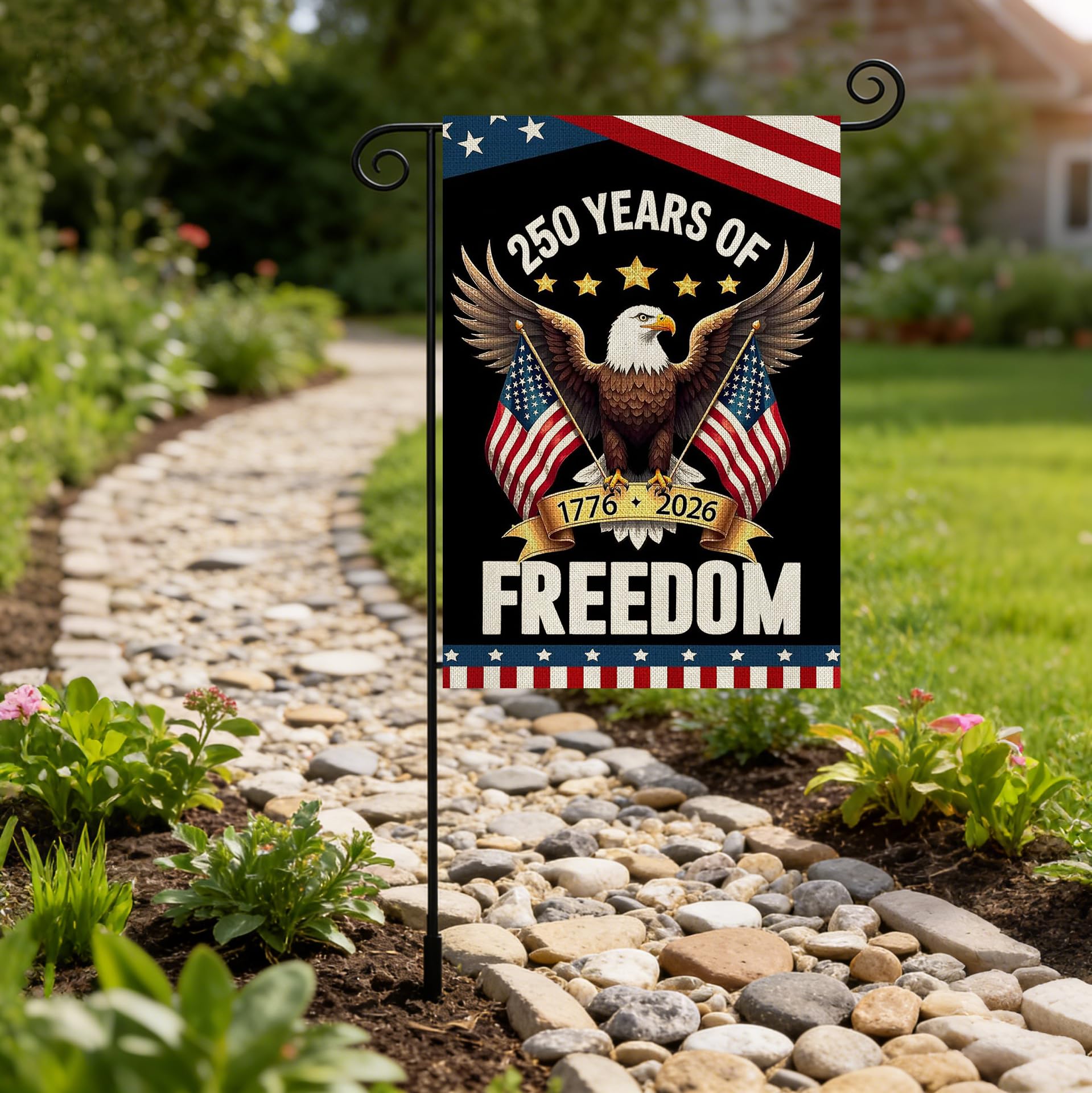 AIBOLYNE garden flag with vibrant colours against a blue sky