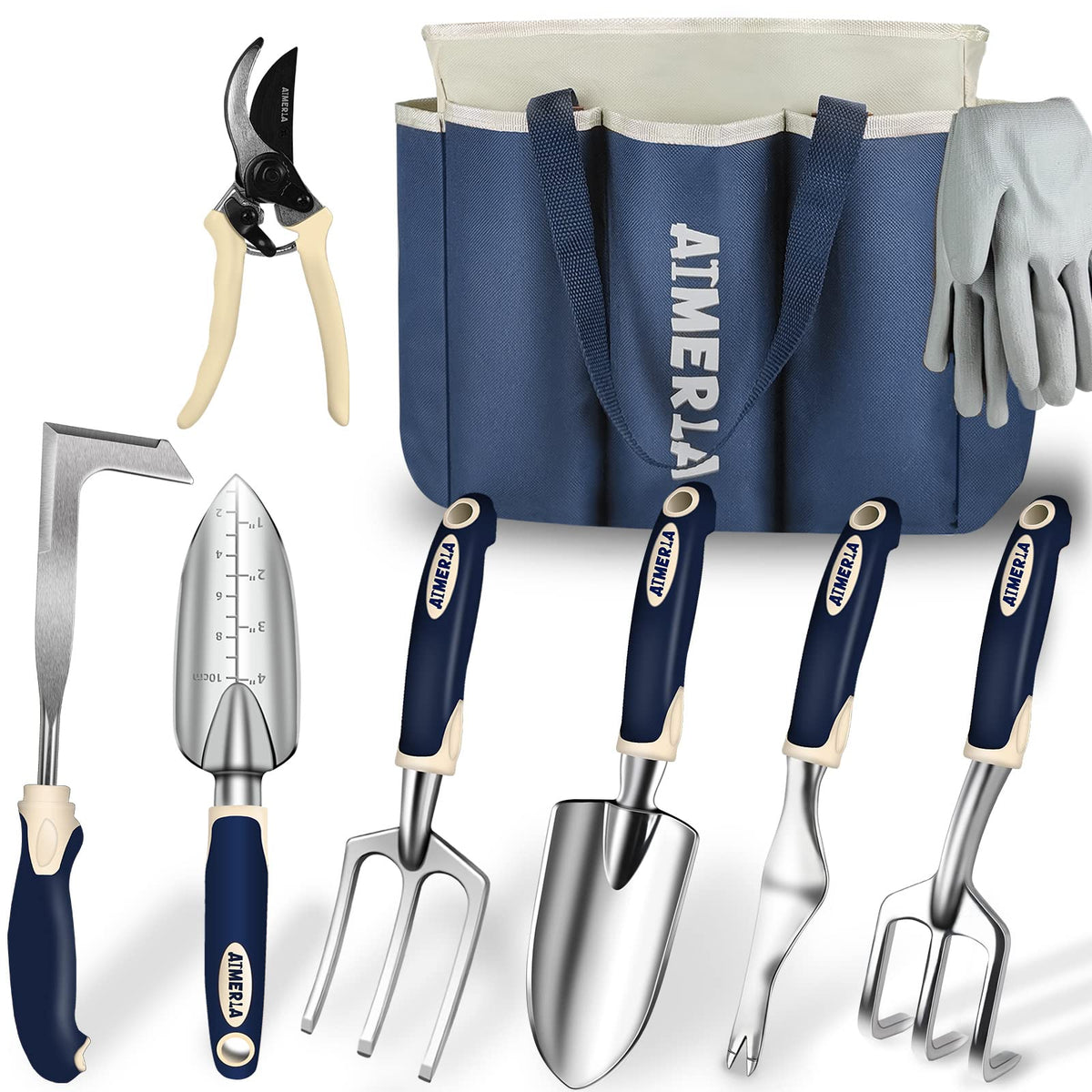 Aimerla Gardening Tools Set of 9, Blue color with ergonomic handles