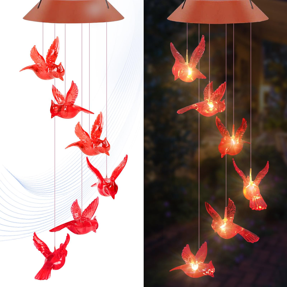 AIONASA Cardinal Solar Wind Chimes showing red lights in the dark
