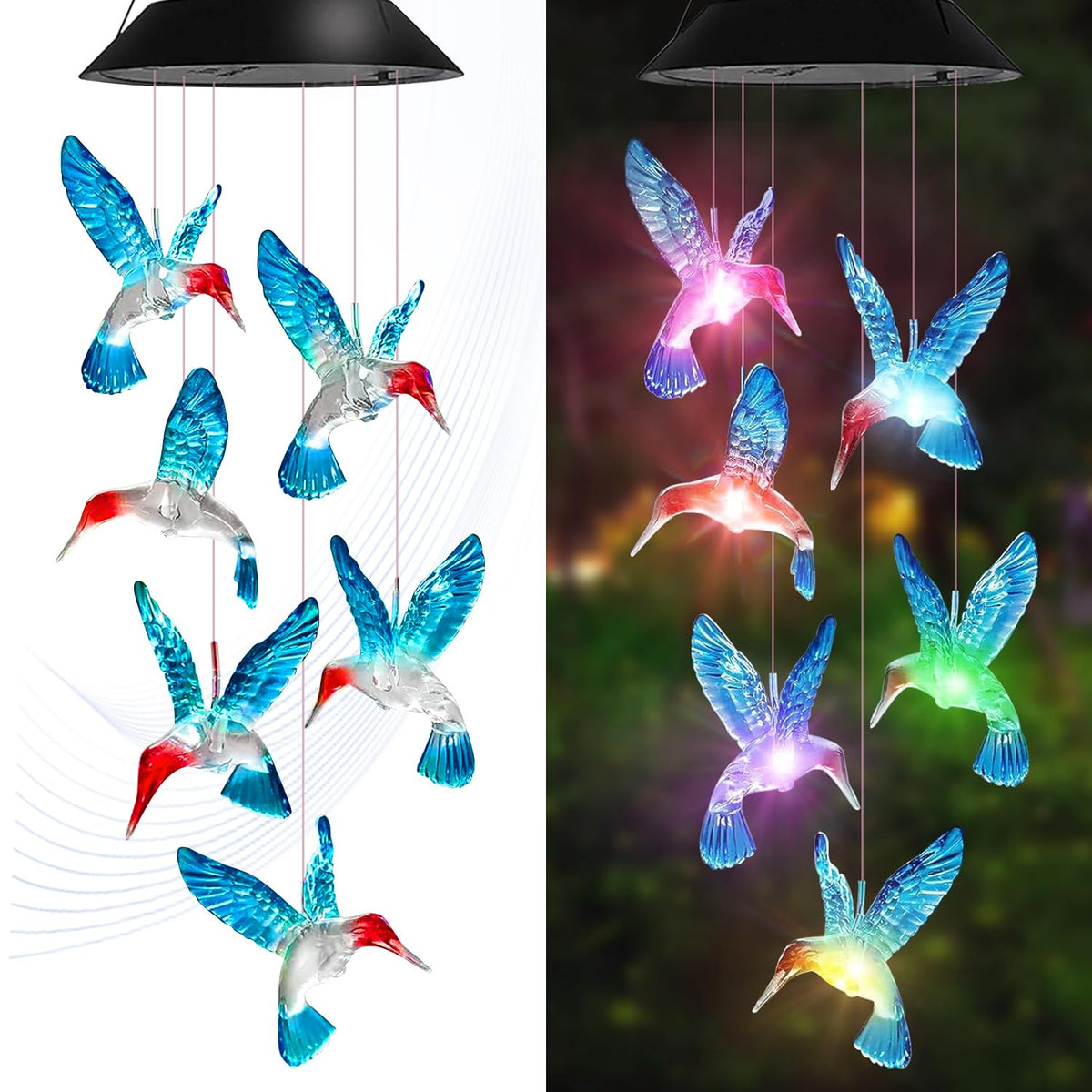 AIONASA Hummingbird Solar Wind Chimes with colorful lights