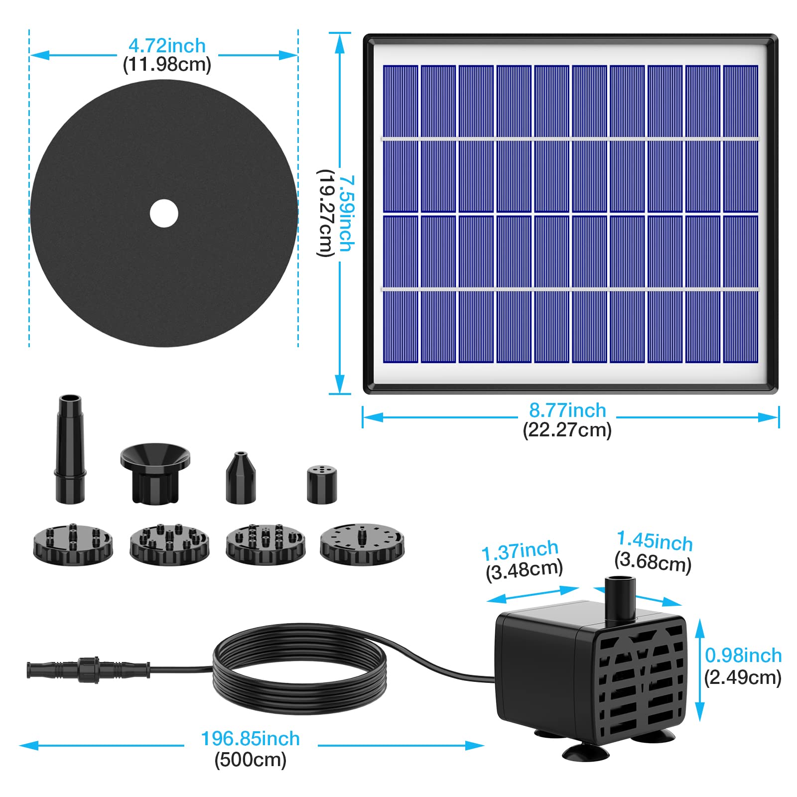 AISITIN 6.5W Solar Fountain Pump side view showing nozzles
