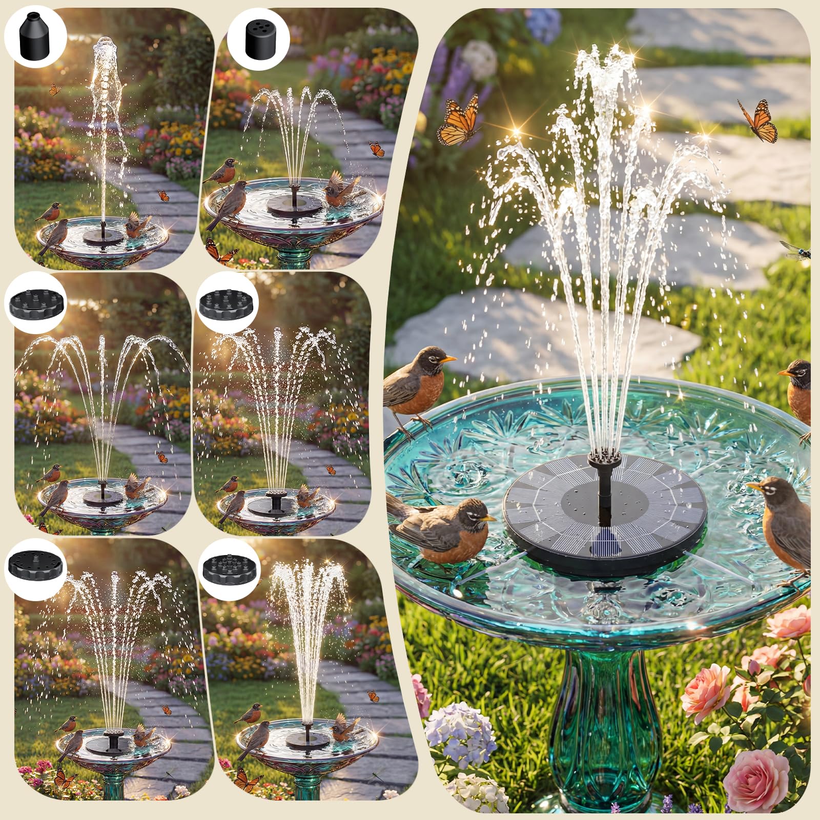 AISITIN Solar Fountain Pump 2.5W with different nozzles displayed