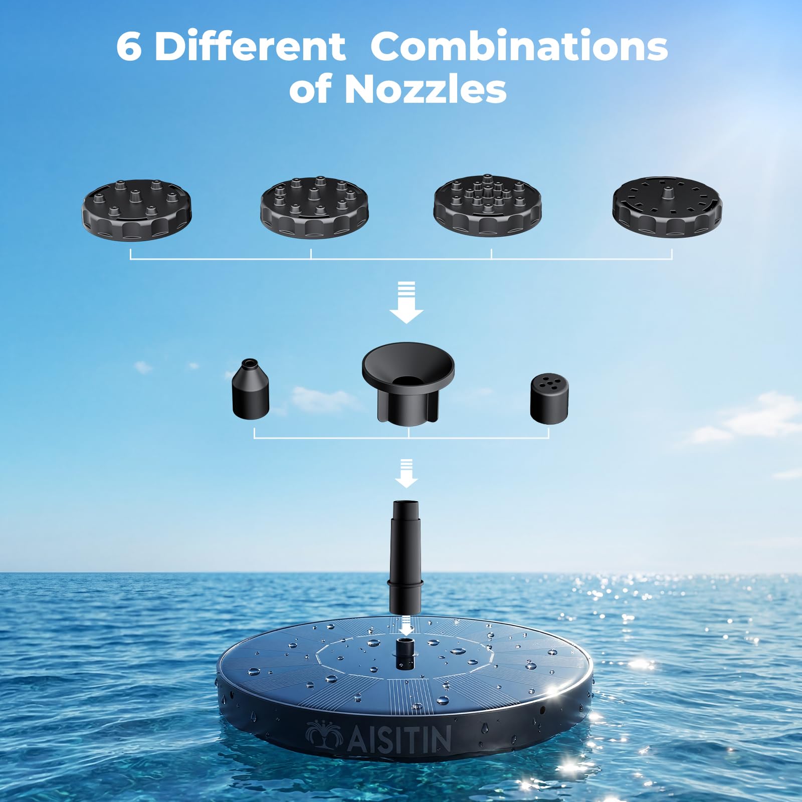AISITIN Solar Fountain with water flowing from nozzles
