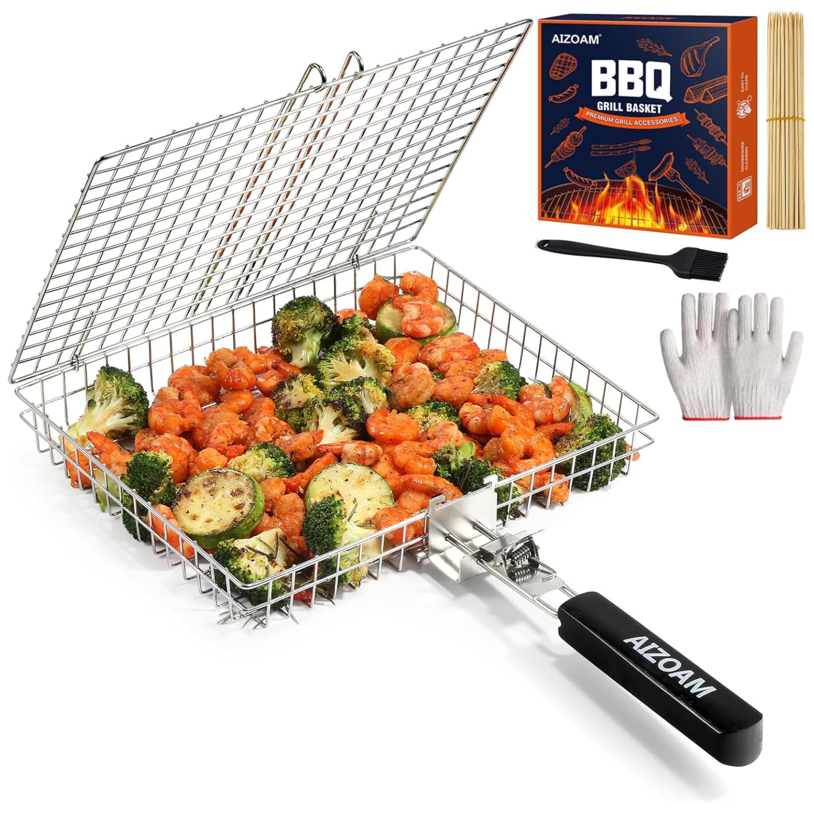AIZOAM Grill Basket front view with removable handle