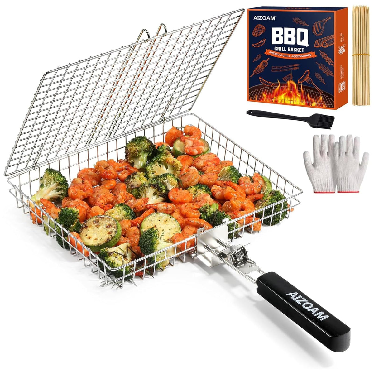 AIZOAM Grill Basket front view with removable handle