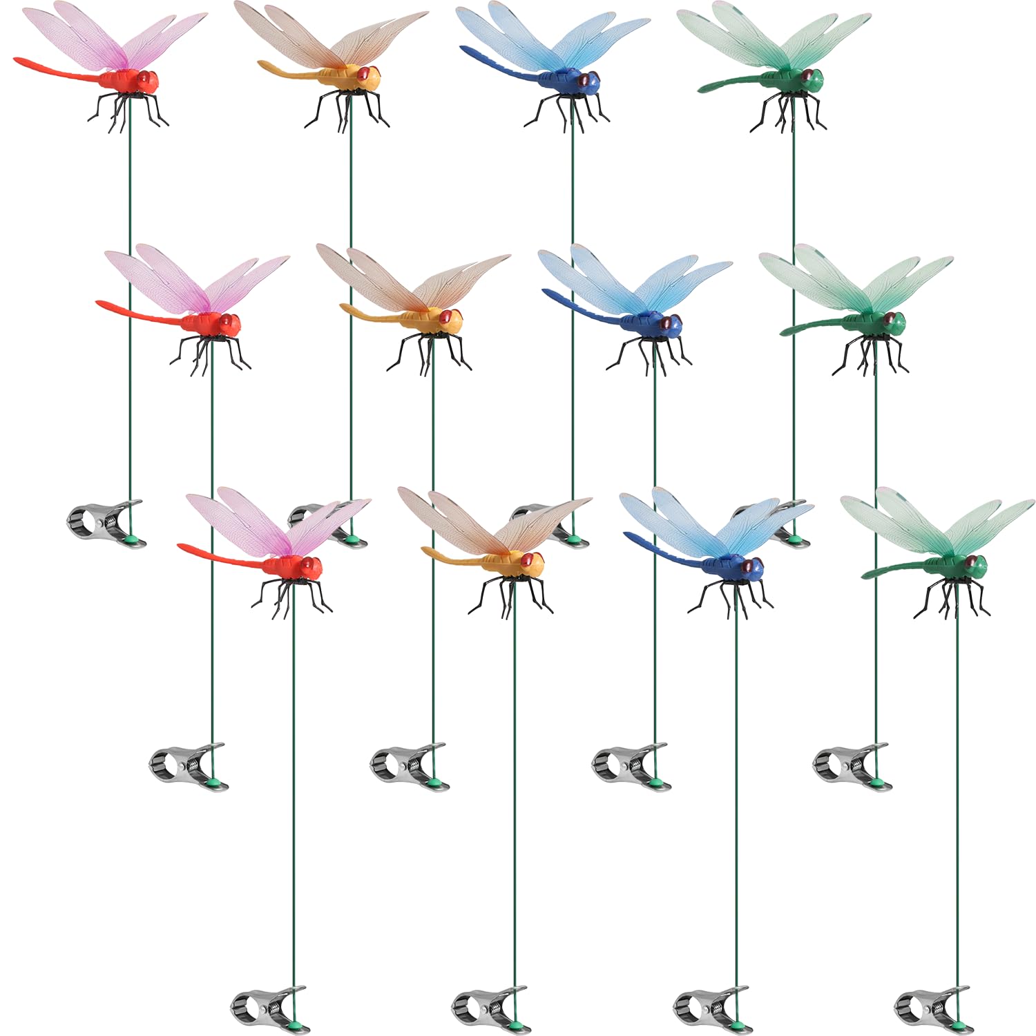AJPQCE 12 Pack dragonfly clips in vibrant colours arranged on a garden stake.