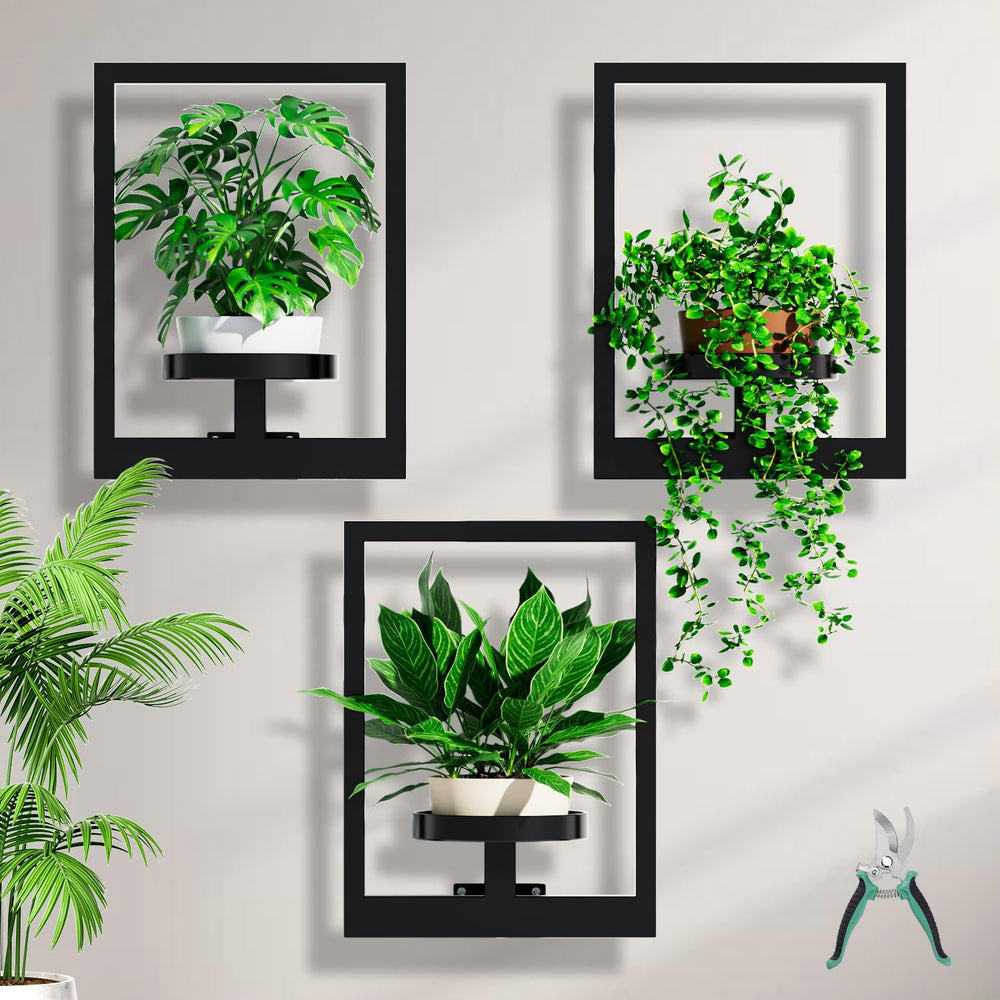 ALACOO Wall Plant Stand, Grey, front view with plants