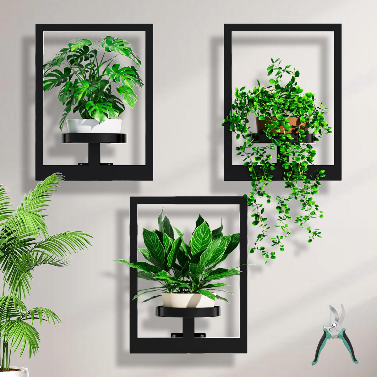ALACOO Wall Plant Stand, Grey, front view with plants