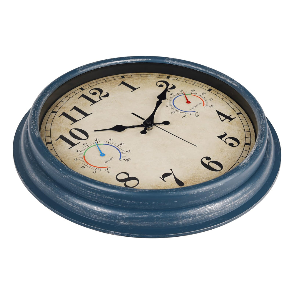 Alarllok outdoor clock in a stylish blue finish on a porch