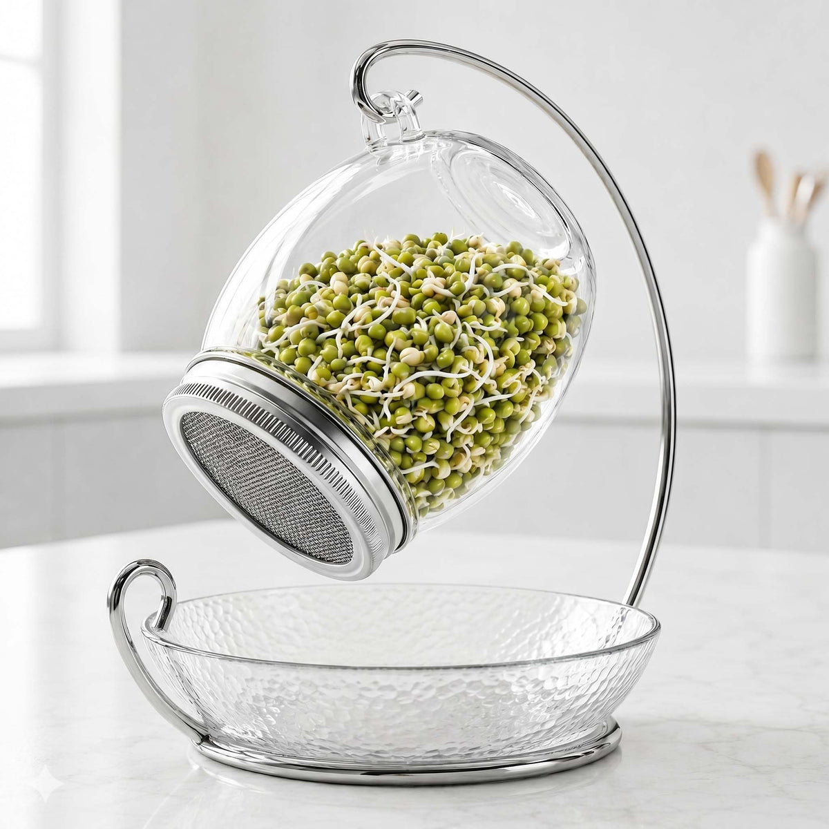 ALCEDIA Premium Sprouting Jar Kit front view with stand and tray