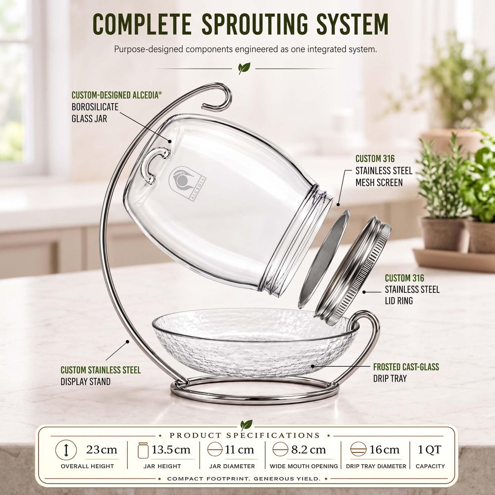 ALCEDIA Sprouting Jar Kit showing 30 oz glass jar and stainless screen lid