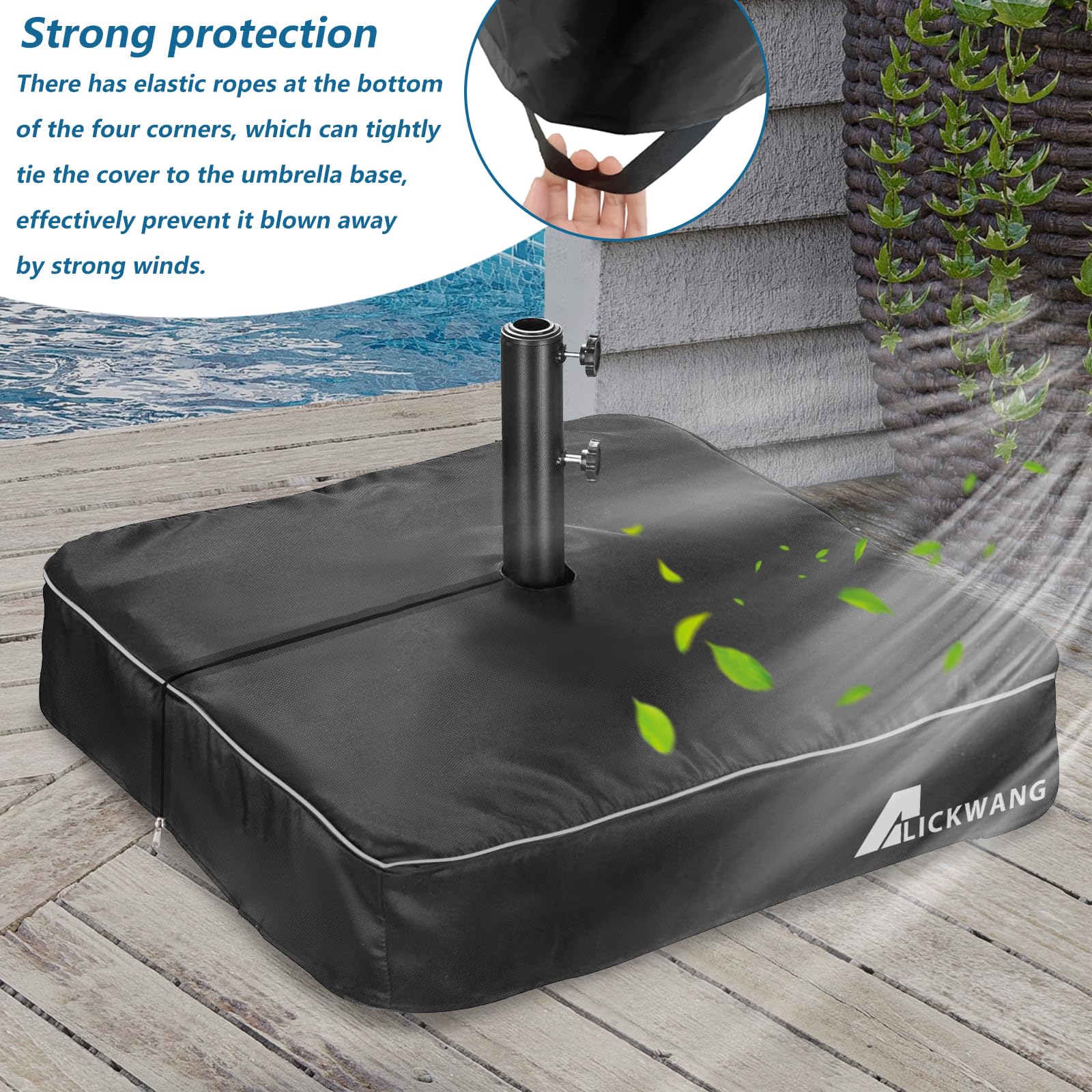 Alickwang Patio Umbrella Base Cover in use on an umbrella base outdoors