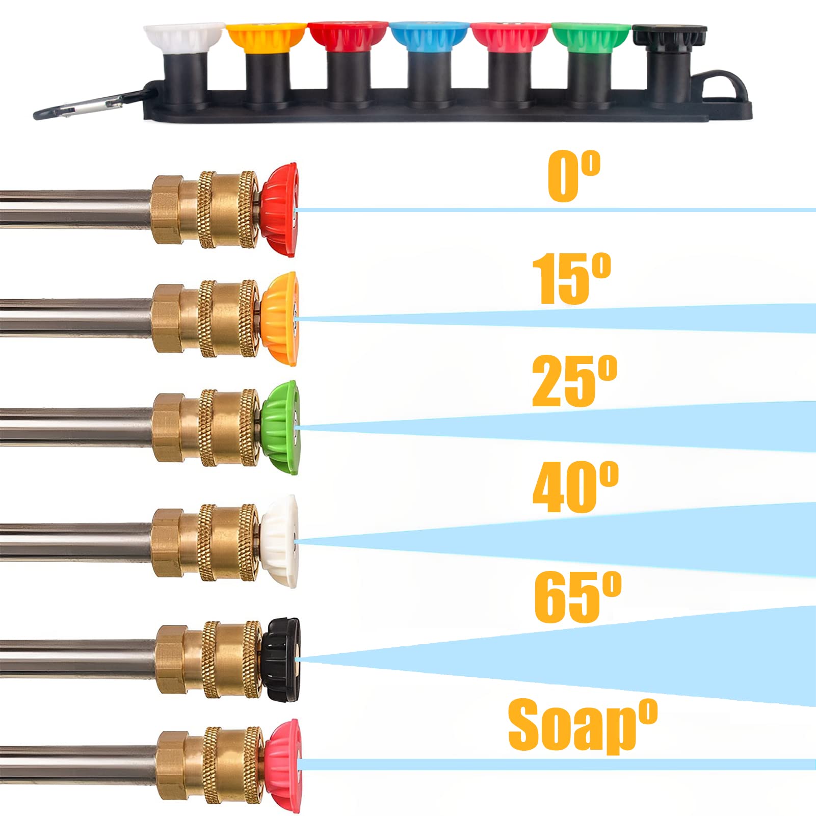 All 7 MARSTEK pressure washer nozzles displayed together