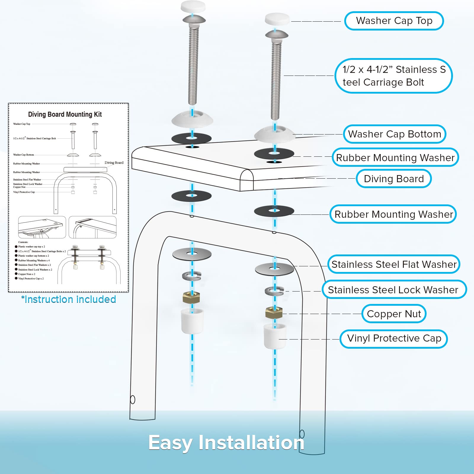 All components of ArcViar Diving Board Bolt Kit neatly arranged