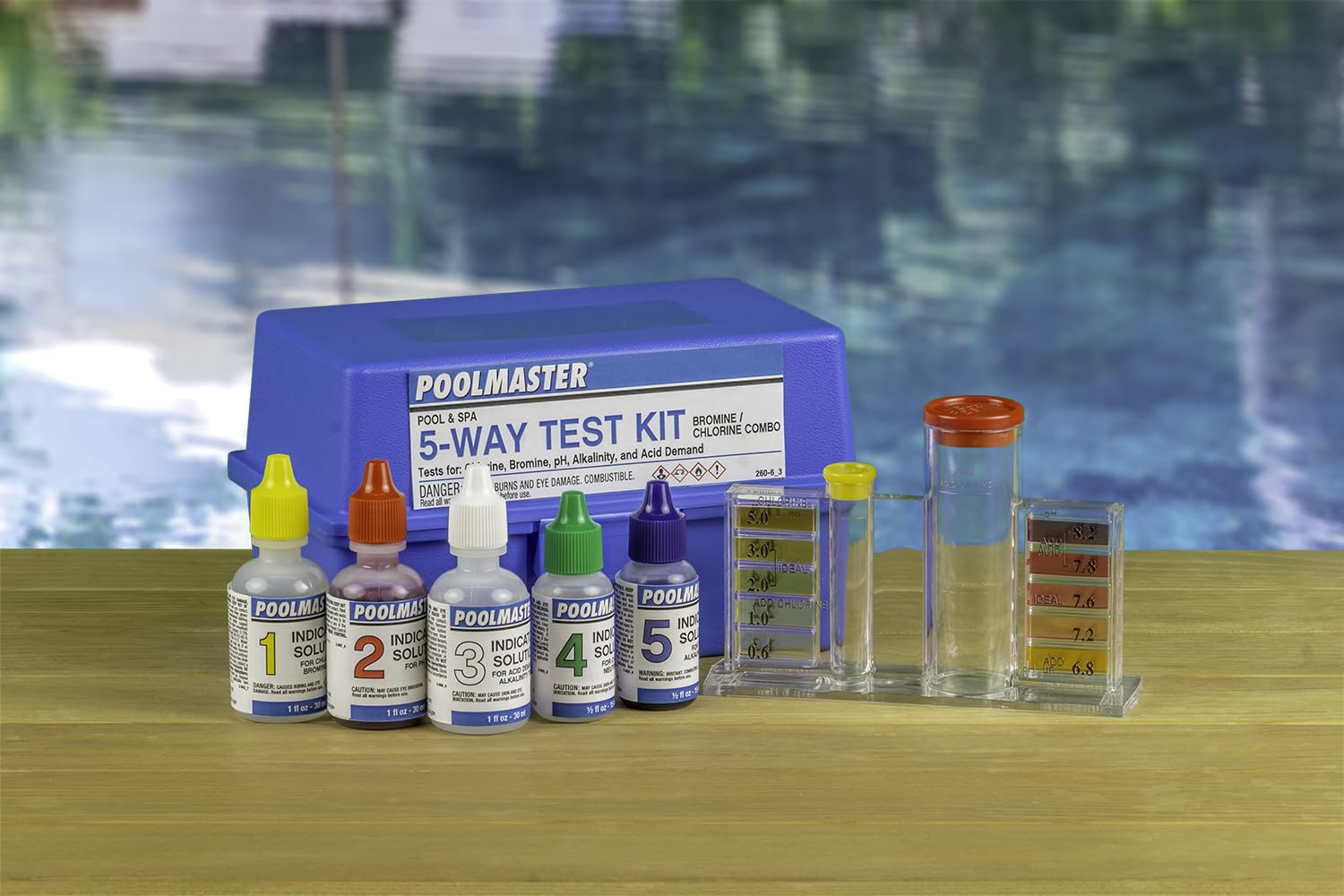 All components of Poolmaster 5-Way Water Test Kit laid out