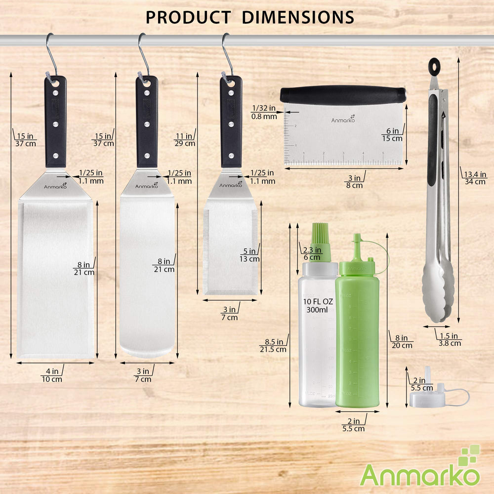 All components of the Anmarko Metal Spatula Set spread out on a kitchen counter