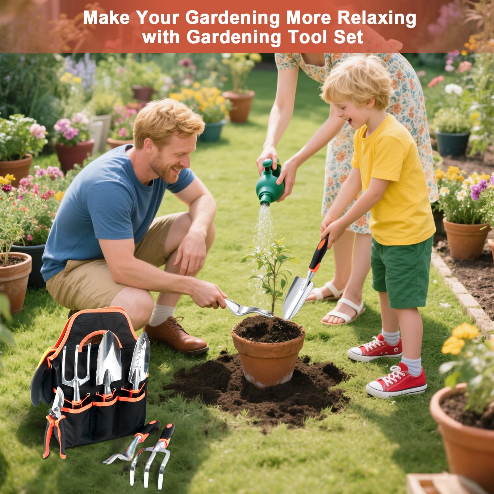 All eight gardening tools displayed together on a flat surface