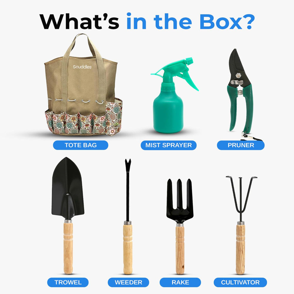 All eight pieces of Scuddles garden tool set displayed