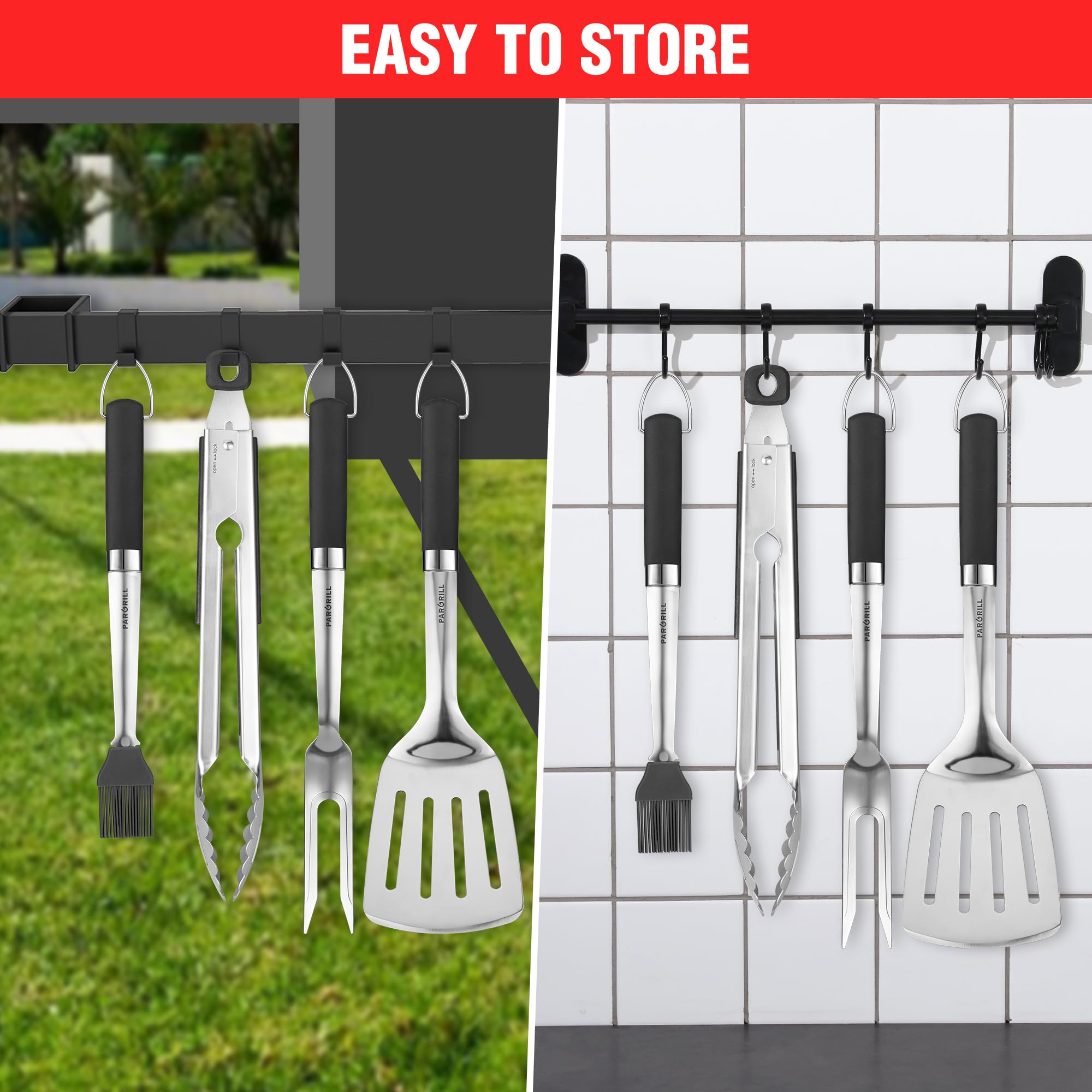 All four PARGRILL BBQ tools hanging on a grill hook
