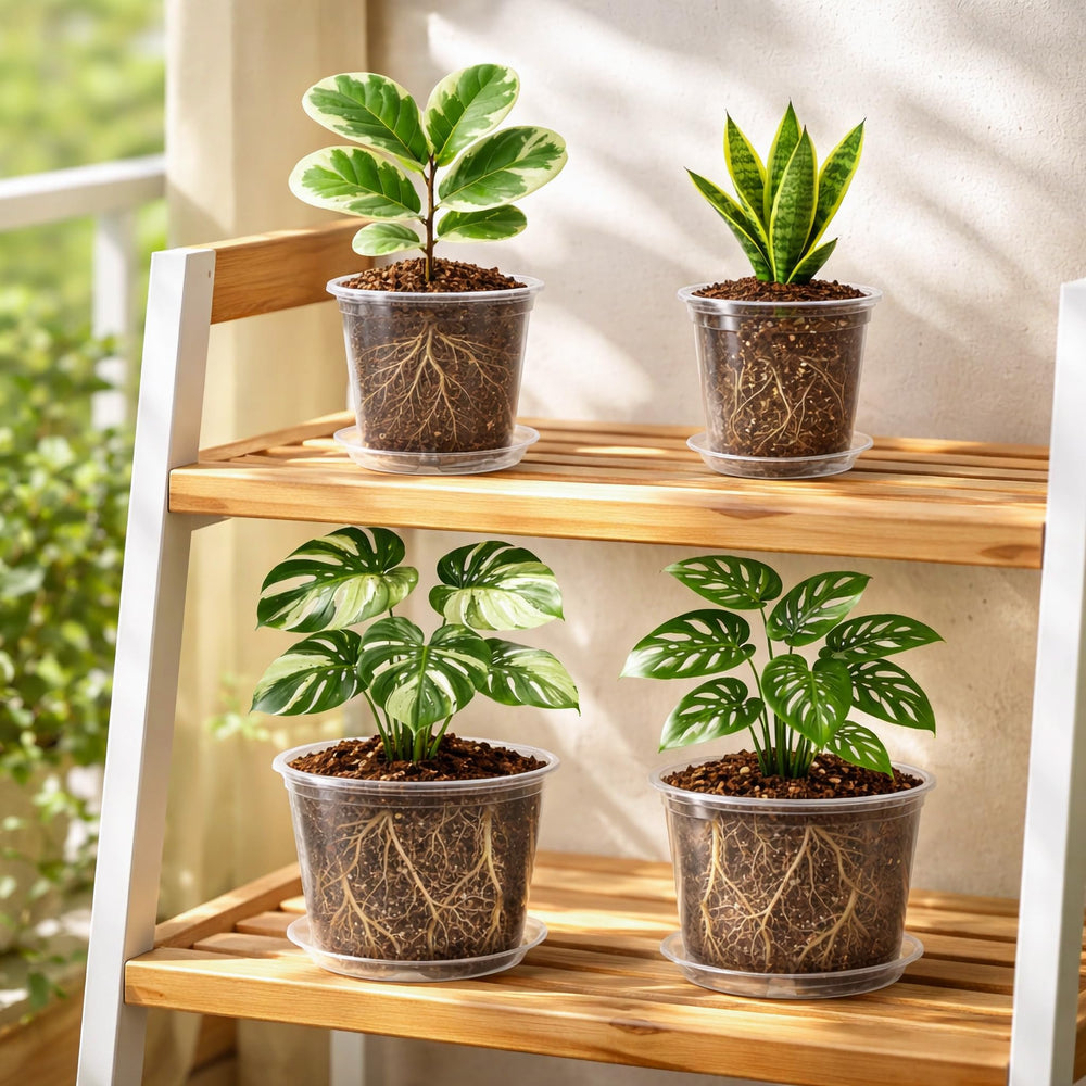 All sizes of Bluepro Clear Nursery Pots displayed together with saucers