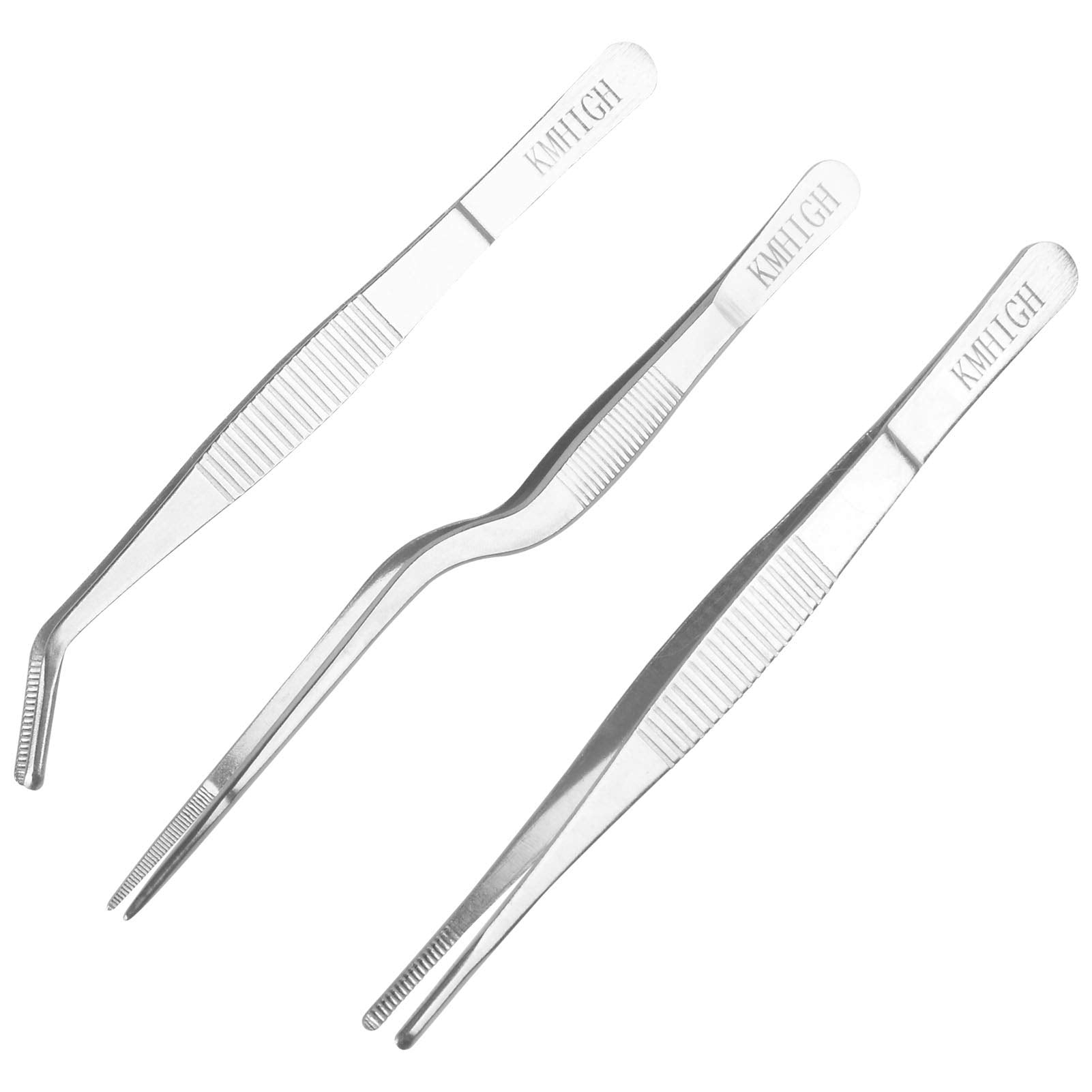 All three KMHIGH gardening tweezers displayed together on a wooden table