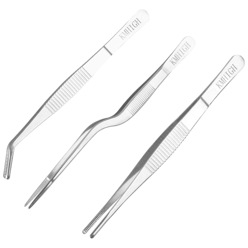 All three KMHIGH gardening tweezers displayed together on a wooden table