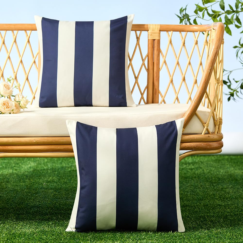 Allorry Outdoor Pillow Covers 16x16 navy blue striped set on garden furniture